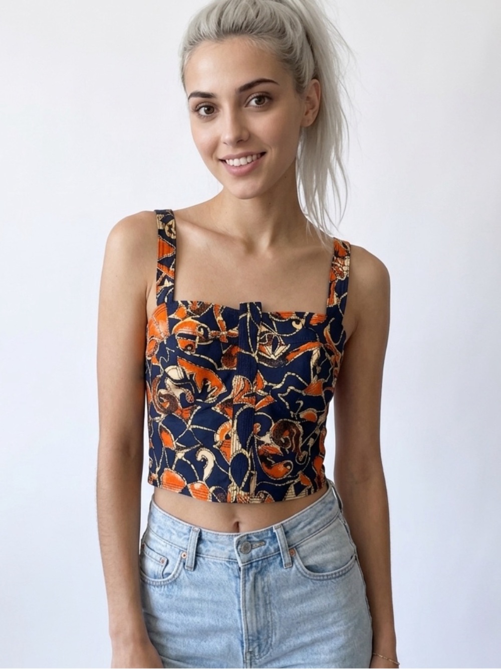 A.L.C. Louisa Cotton Crop Top, smocked back, side zip, NorthSea multi, 00